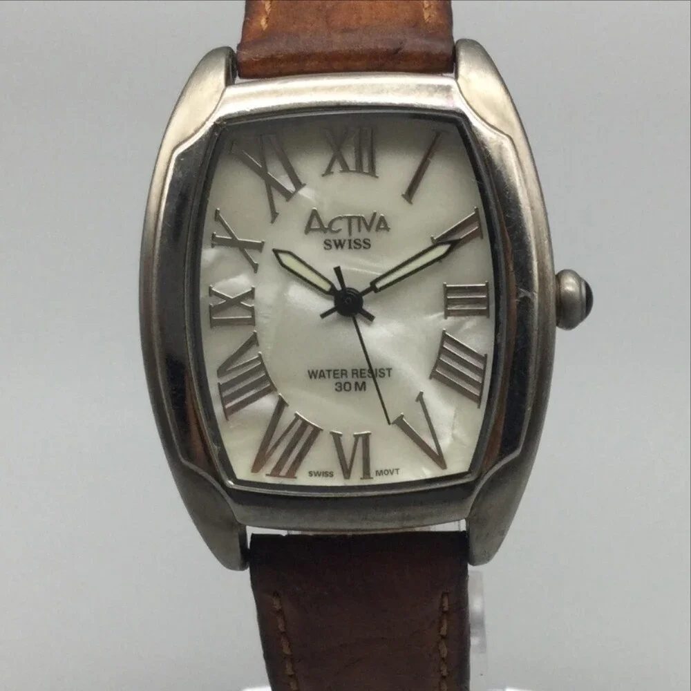 Activa Swiss Womens Watch 33mm MOP Dial Brown Leather Band 30M New Battery
